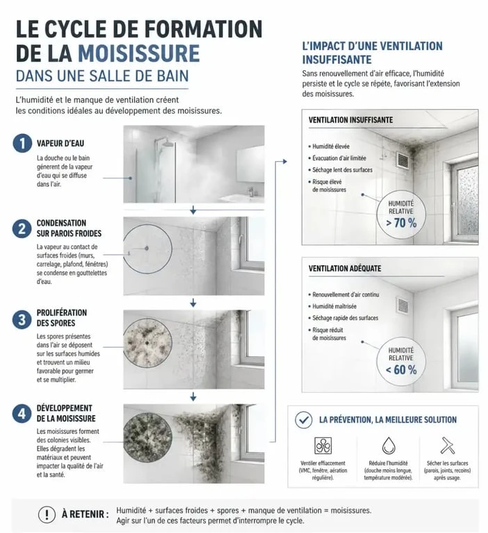Schéma explicatif du cycle de la moisissure dans une salle de bain pour comprendre comment enlever la moisissure salle de bain durablement