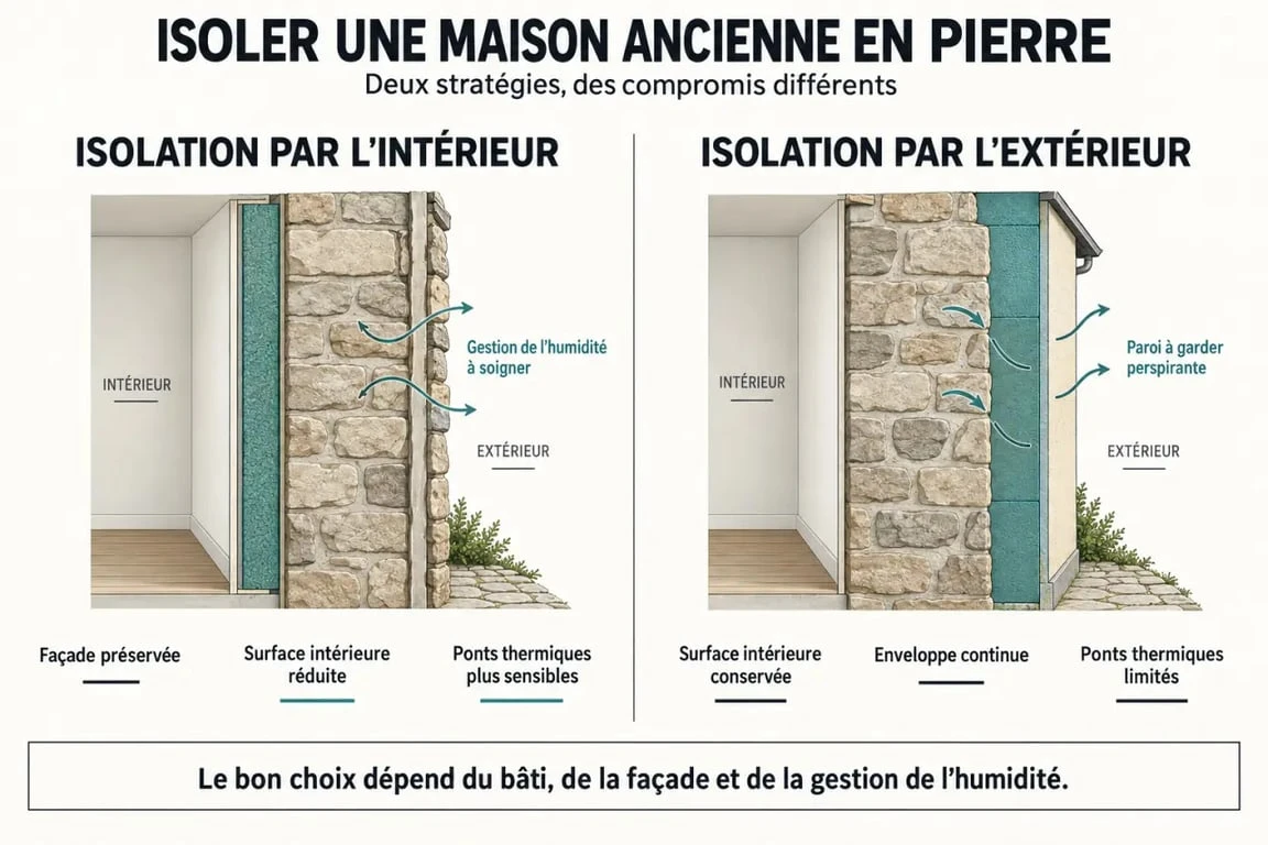 Infographie pour isoler une maison en pierre : comparaison entre isolation intérieure et extérieure