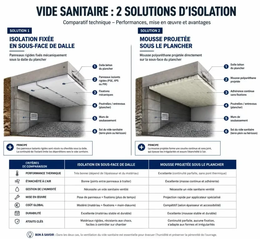 Schéma comparatif des méthodes d'isolation de vide sanitaire : sous-face vs projection