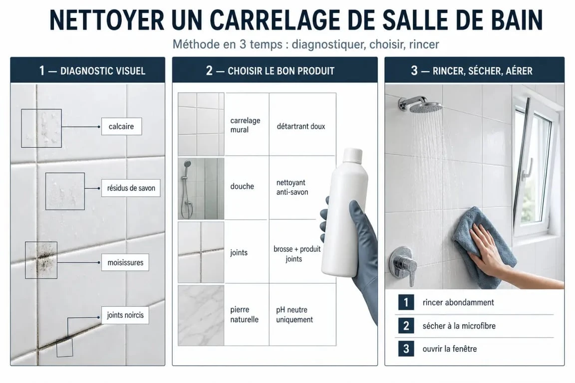 Nettoyage carrelage salle de bain en trois étapes : diagnostic, choix du produit et séchage des joints