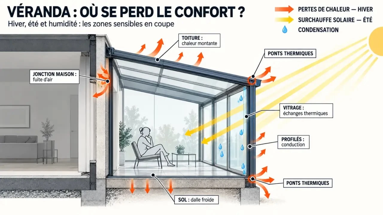 Infographie des principales sources de déperdition pour l’isolation d’une véranda