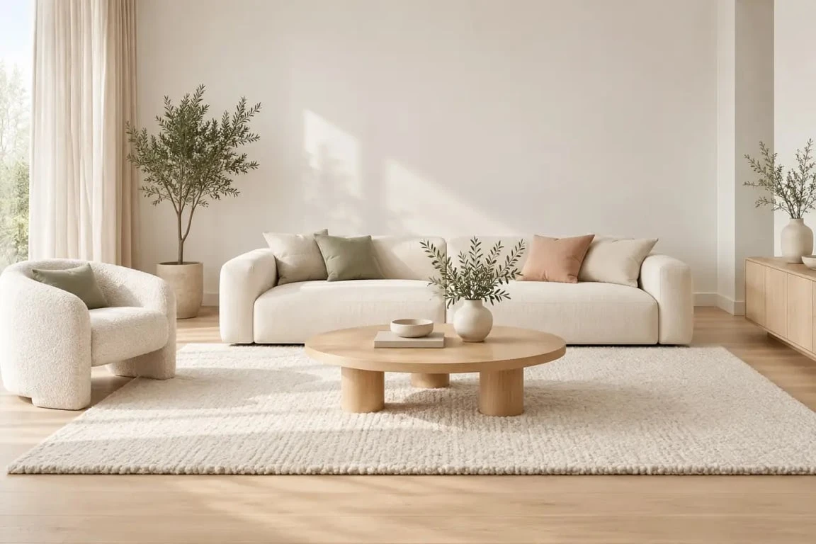 Salon lumineux avec une déco scandinave cocooning en bois clair, laine et tons neutres