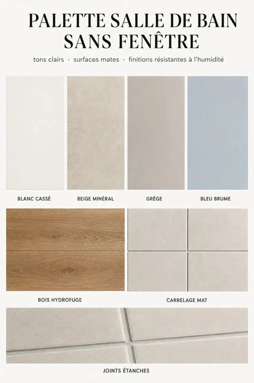 Salle de bain sans fenetre : palette de couleurs claires et matériaux résistants à l'humidité