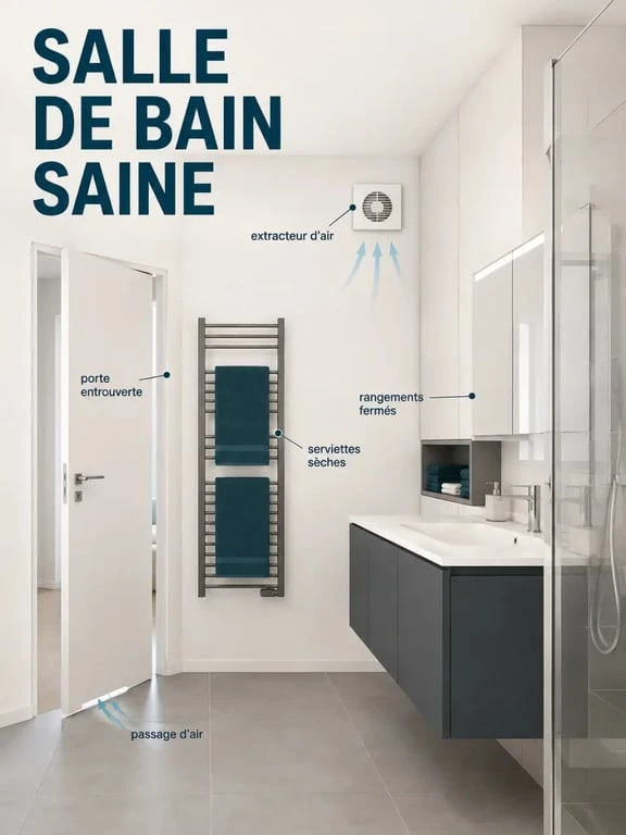 Salle de bain sans fenetre avec ventilation efficace et organisation anti-humidité