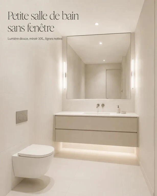 Salle de bain sans fenetre lumineuse avec miroir XXL et éclairage en couches