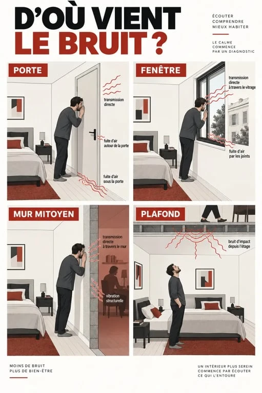 Illustration pour isoler une chambre phoniquement en identifiant les chemins du bruit