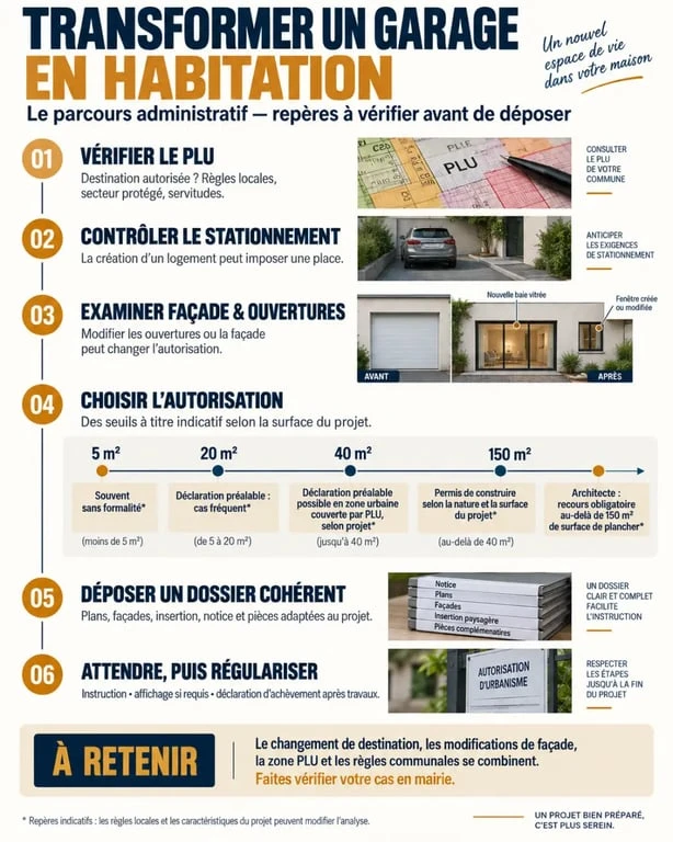 Infographie pour comprendre comment transformer un garage en habitation et choisir l’autorisation d’urbanisme