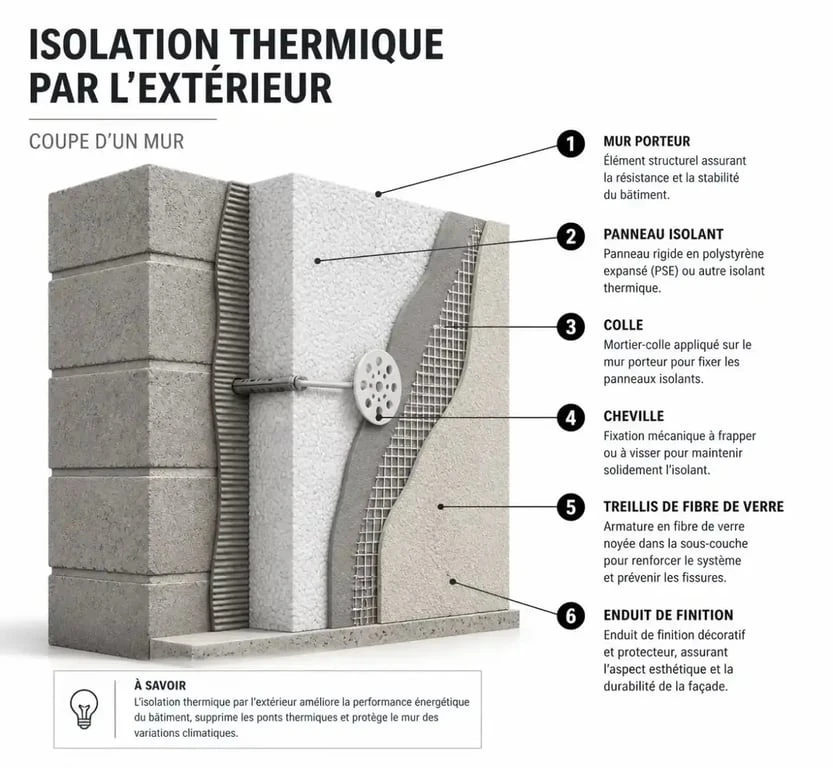 Schéma de pose d'un panneau isolant extérieur sur mur
