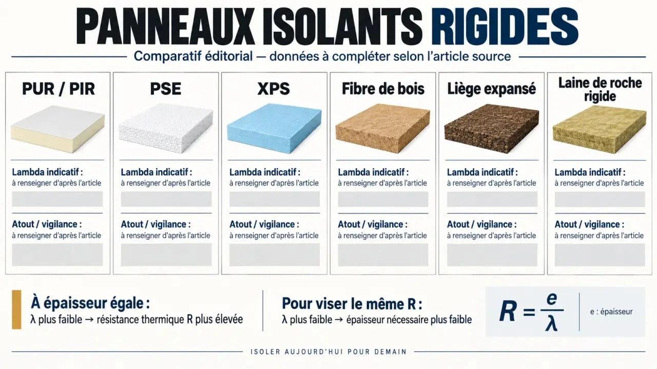 Infographie comparative des panneaux isolants rigides et de leur lambda indicatif