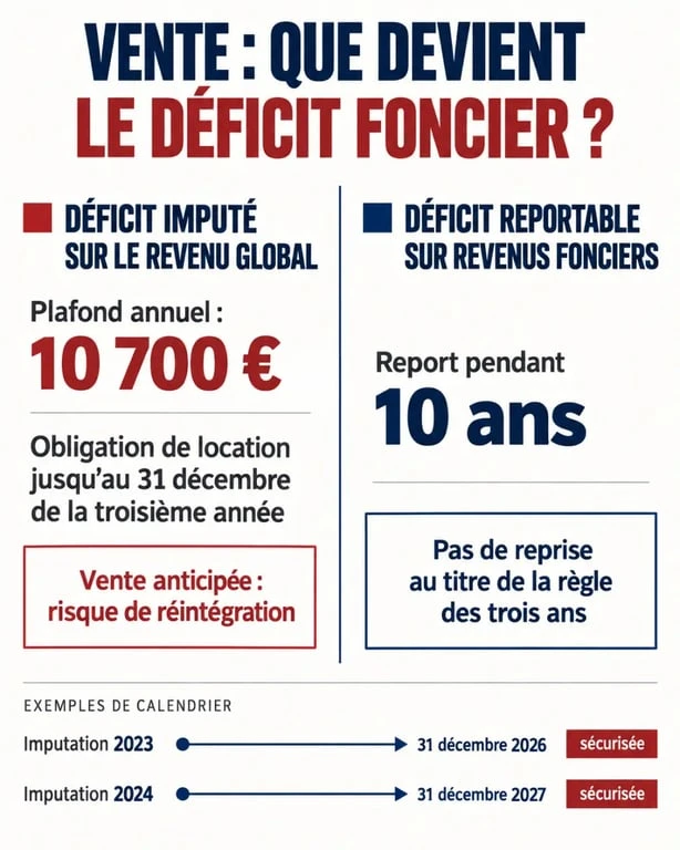 Infographie : que devient le déficit foncier en cas de vente, entre réintégration et report
