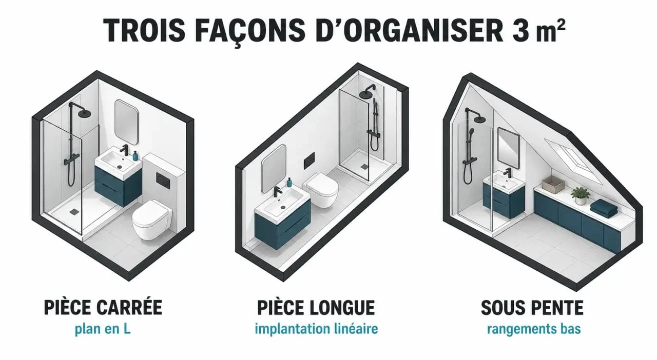 Plan salle de bain 3m2 : trois implantations possibles selon la forme de la pièce