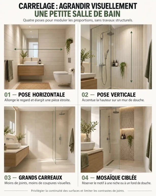 Idée carrelage pour petite salle de bain : effets des formats et sens de pose