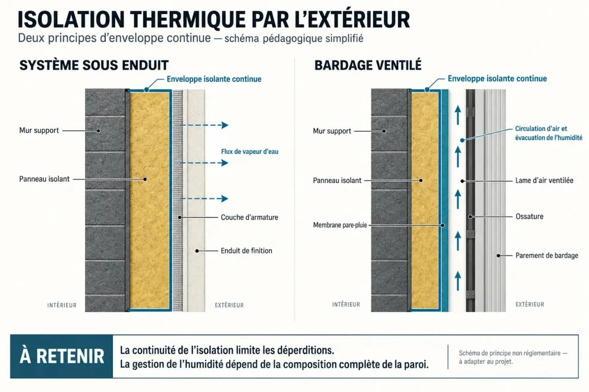 Schéma simplifié des matériaux d’isolation extérieure sous enduit et sous bardage ventilé