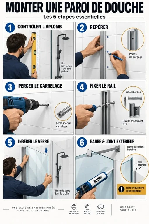 Étapes du montage paroi de douche avec profilé mural, verre et joint silicone