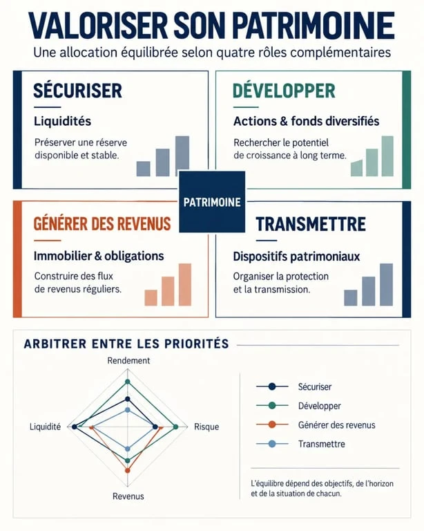 Infographie pour valoriser son patrimoine selon les objectifs de sécurité, de rendement, de revenus et de transmission