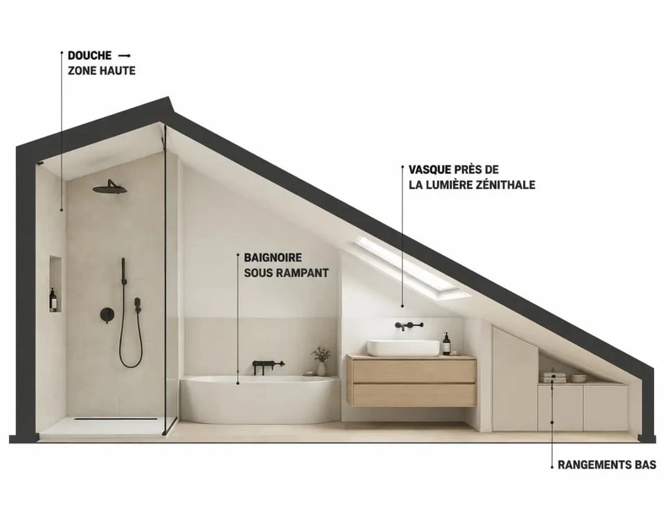 Salle de bain comble sous pente avec douche en zone haute, baignoire sous rampant et rangements bas