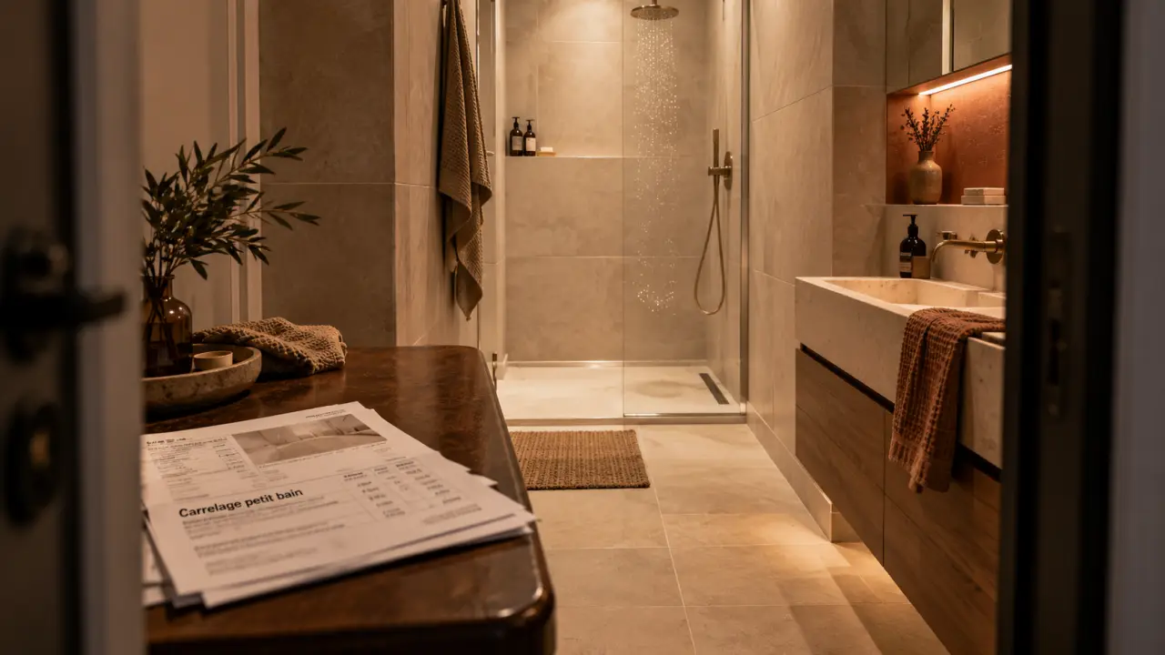 Idée carrelage pour petite salle de bain : grands formats beiges et joints fins