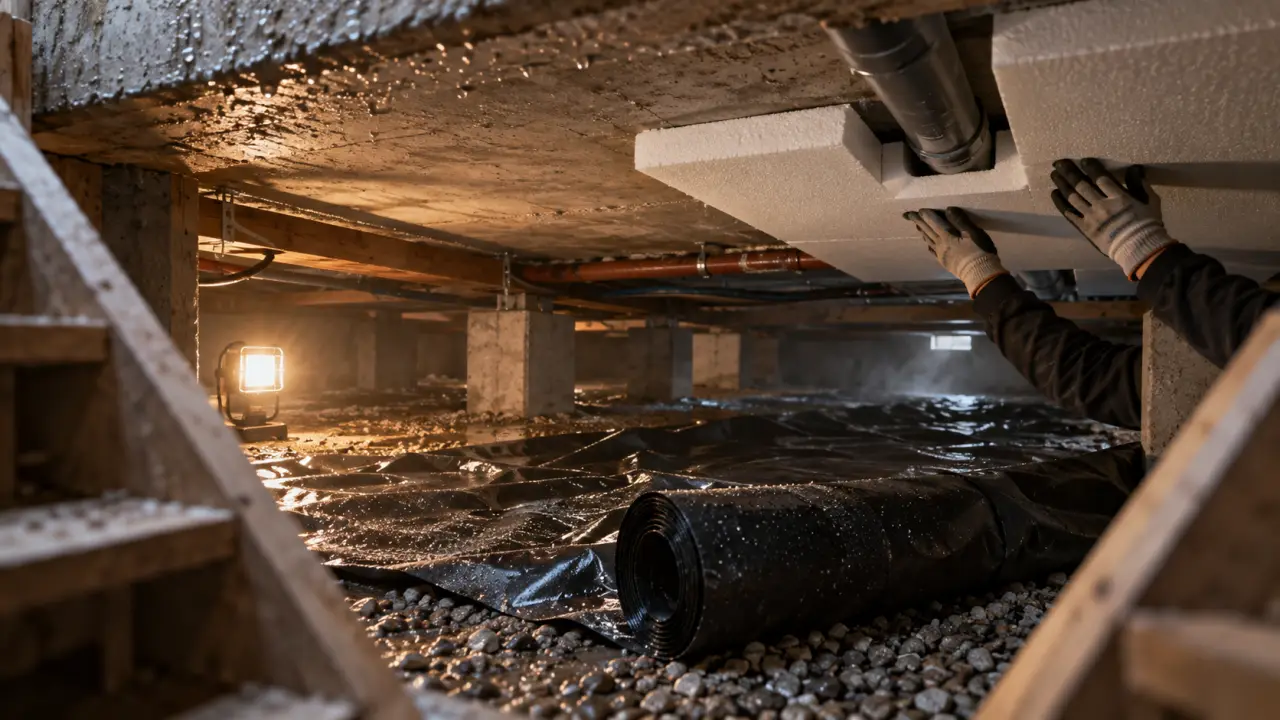 Isolation vide sanitaire : film pare-vapeur humide sur dalle froide