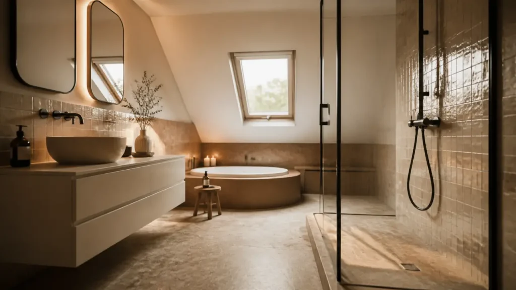 Salle de bain sous combles : douche en zone haute, baignoire sous pente et rangements bas