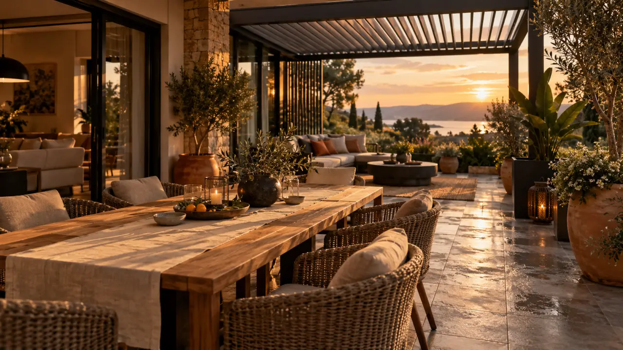Aménagement terrasse couverte : pergola alu et mobilier extérieur sur terrasse