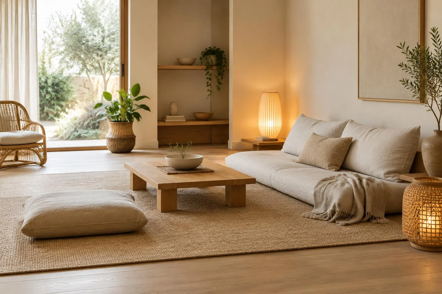 Coin détente zen dans le salon : mobilier bas et lumière