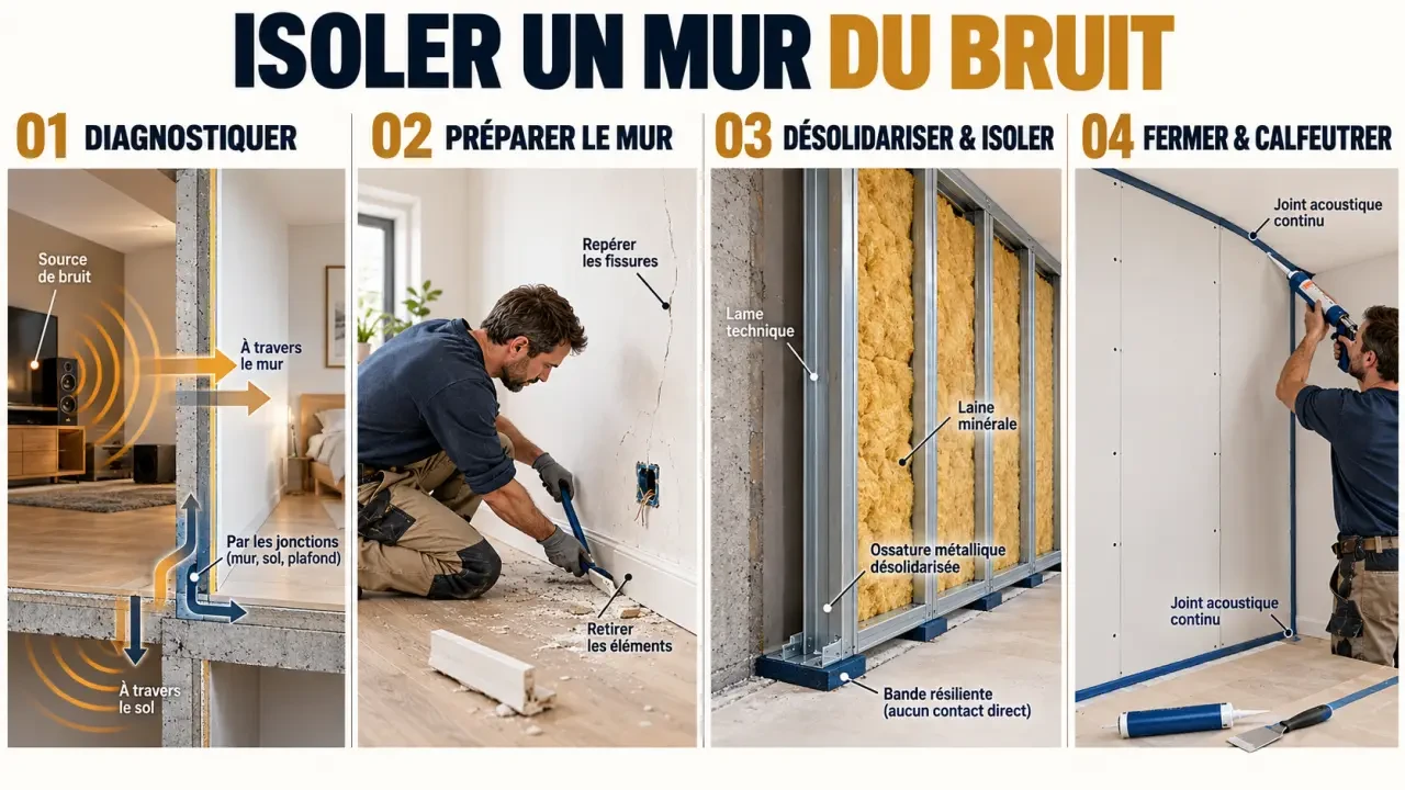 Étapes pour isoler acoustiquement un mur avec un doublage désolidarisé