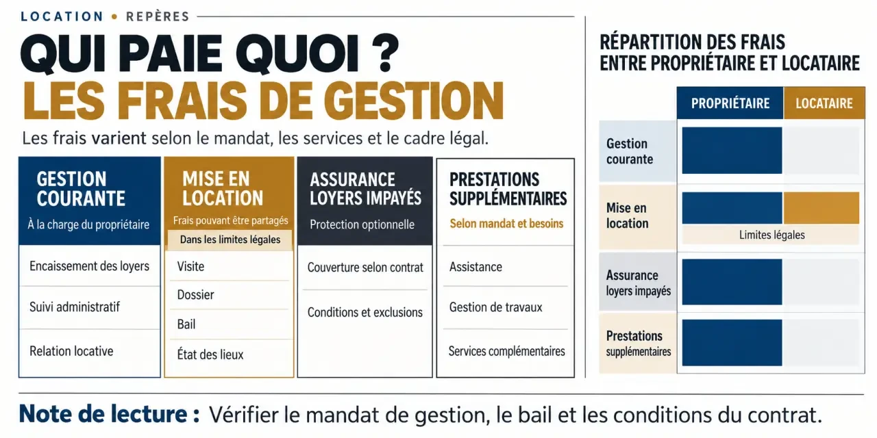 Infographie sur les frais de gestion d'une location et la répartition des frais entre propriétaire et locataire