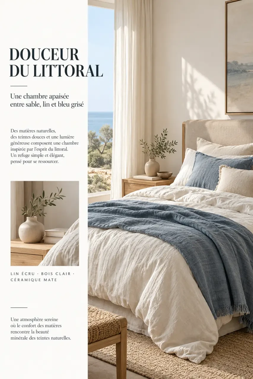 Chambre en ambiance bord de mer chic avec linge de lit en lin écru et touches de bleu lavé