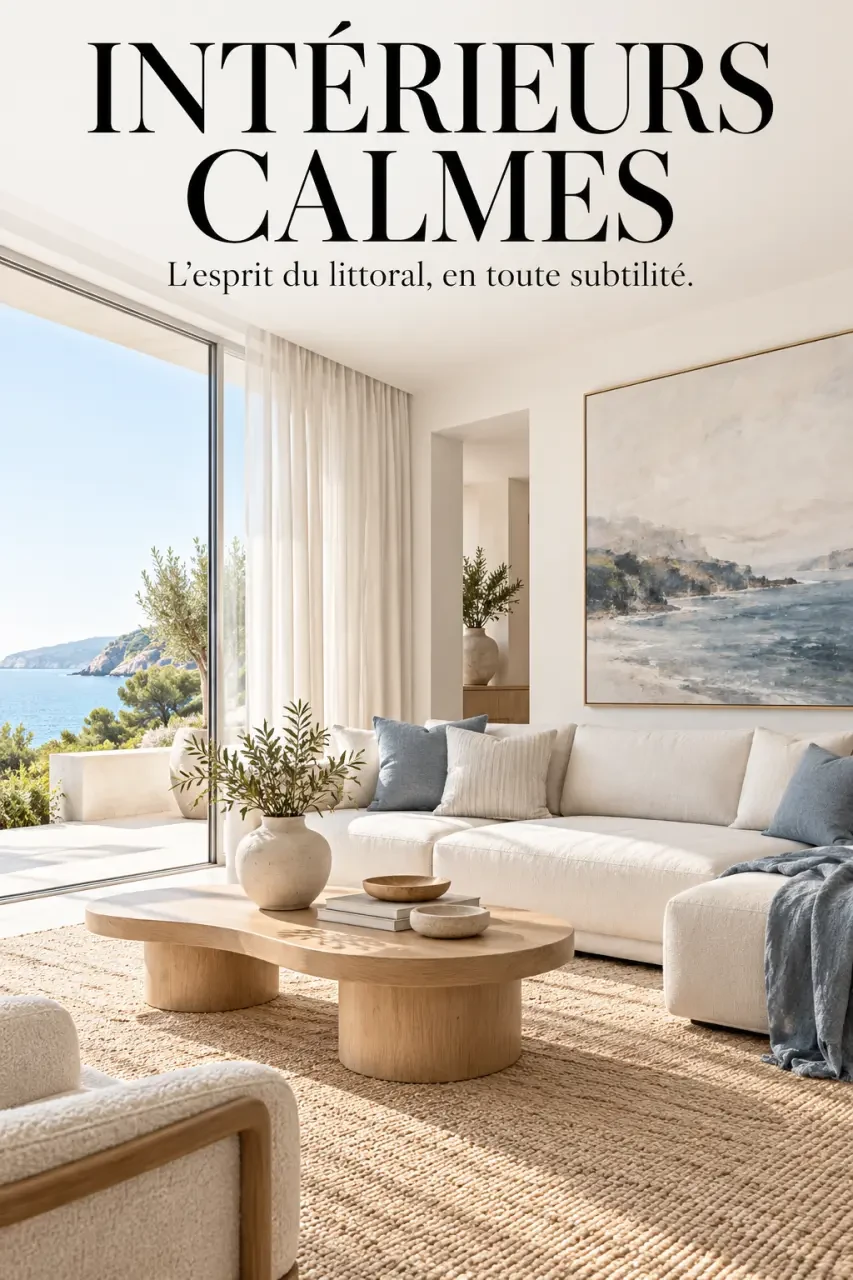 Salon contemporain avec une ambiance bord de mer chic, du lin, du bois clair et des touches de bleu grisé