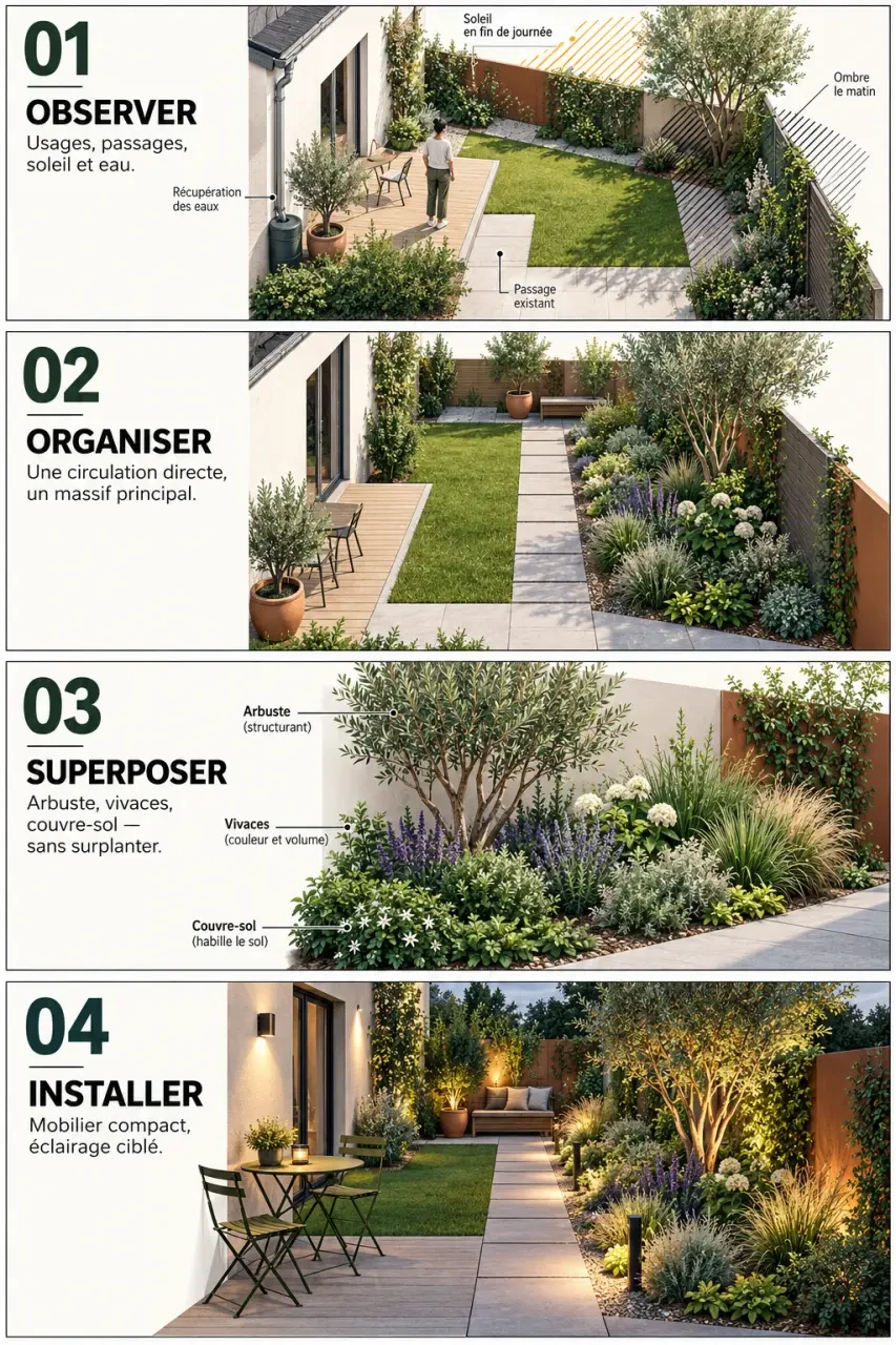 Aménager un petit jardin en quatre étapes, de l’observation du terrain à l’installation du mobilier