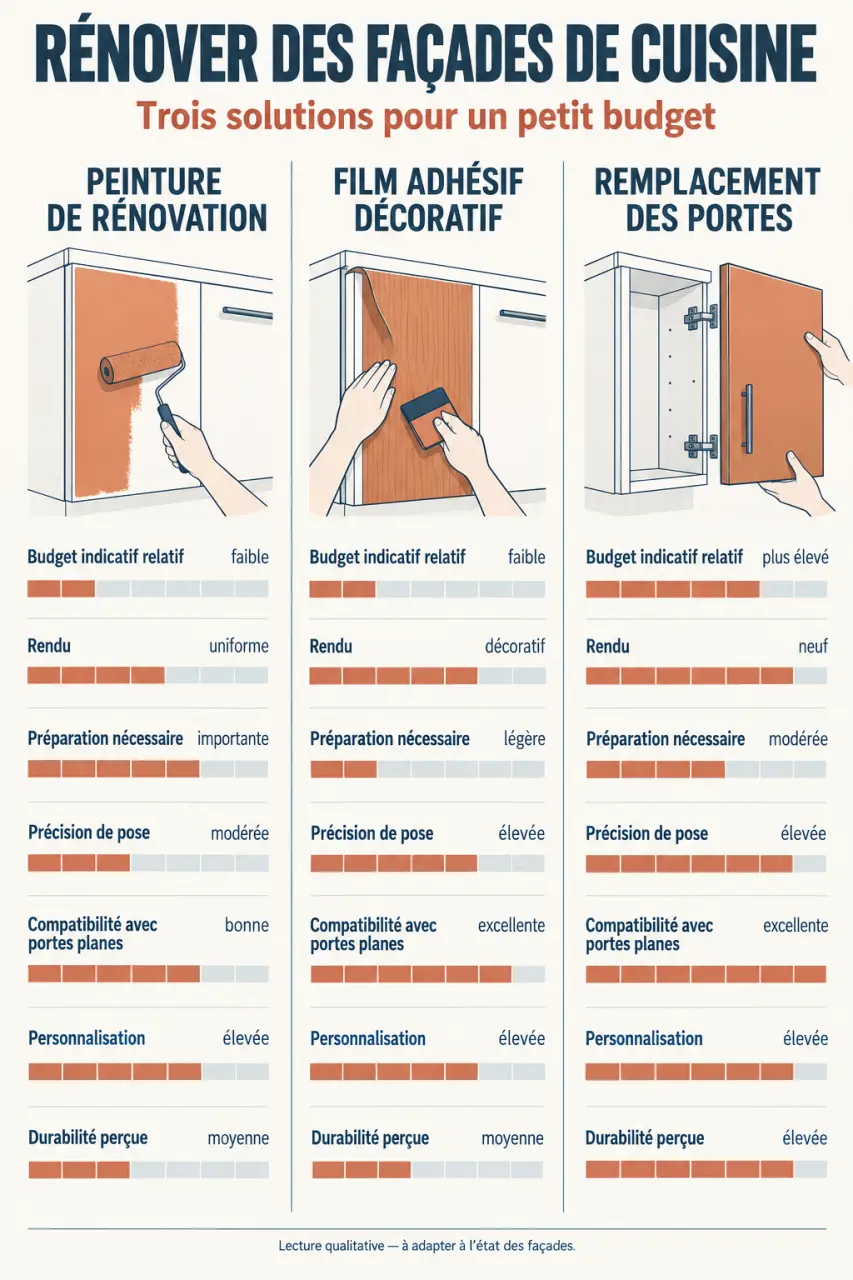 Infographie pour rénover une cuisine ancienne avec un petit budget : peinture, film adhésif ou remplacement des façades