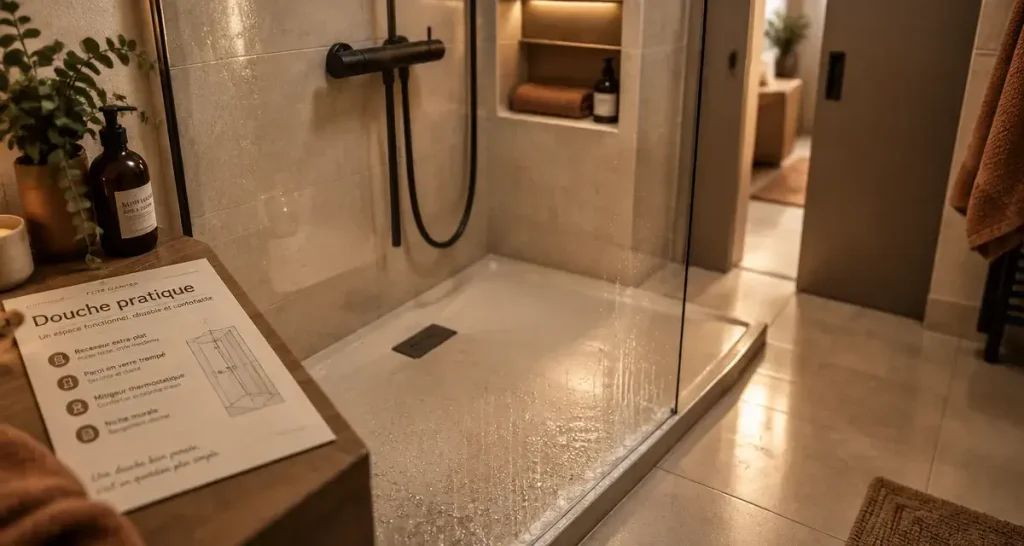 Petite salle de bain douche avec receveur extra-plat et paroi en verre
