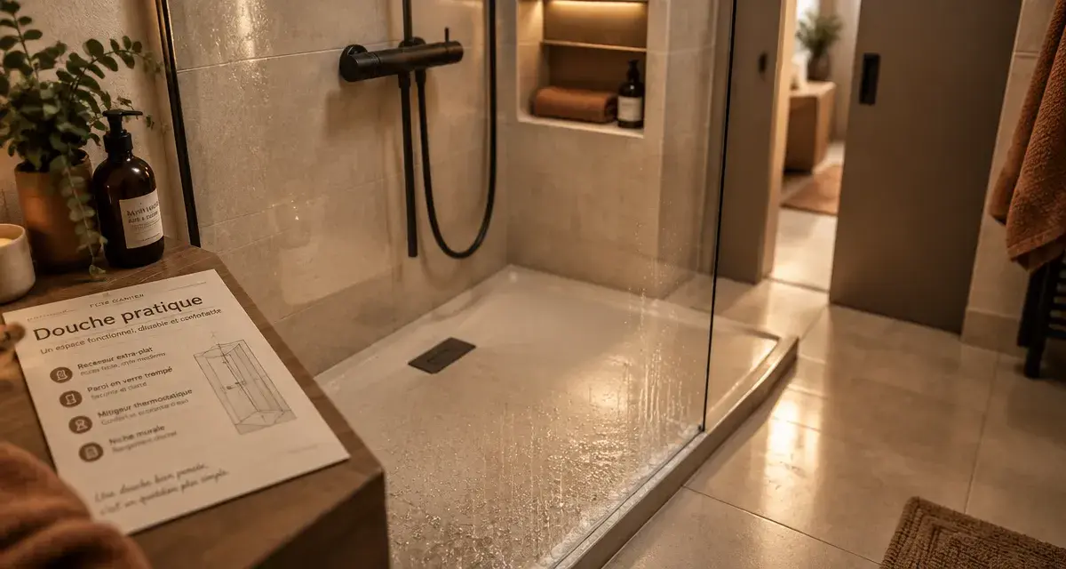 Petite salle de bain douche avec receveur extra-plat et paroi en verre