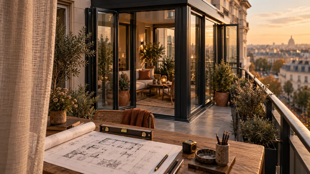 Veranda pour balcon vitrée sur immeuble, ossature aluminium
